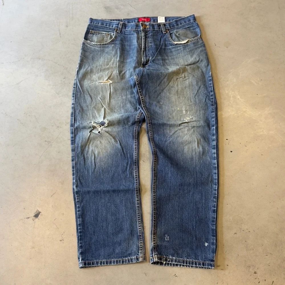 Mossimo Mens Distressed Baggy Straight Leg Blue Denim Jeans 38x32